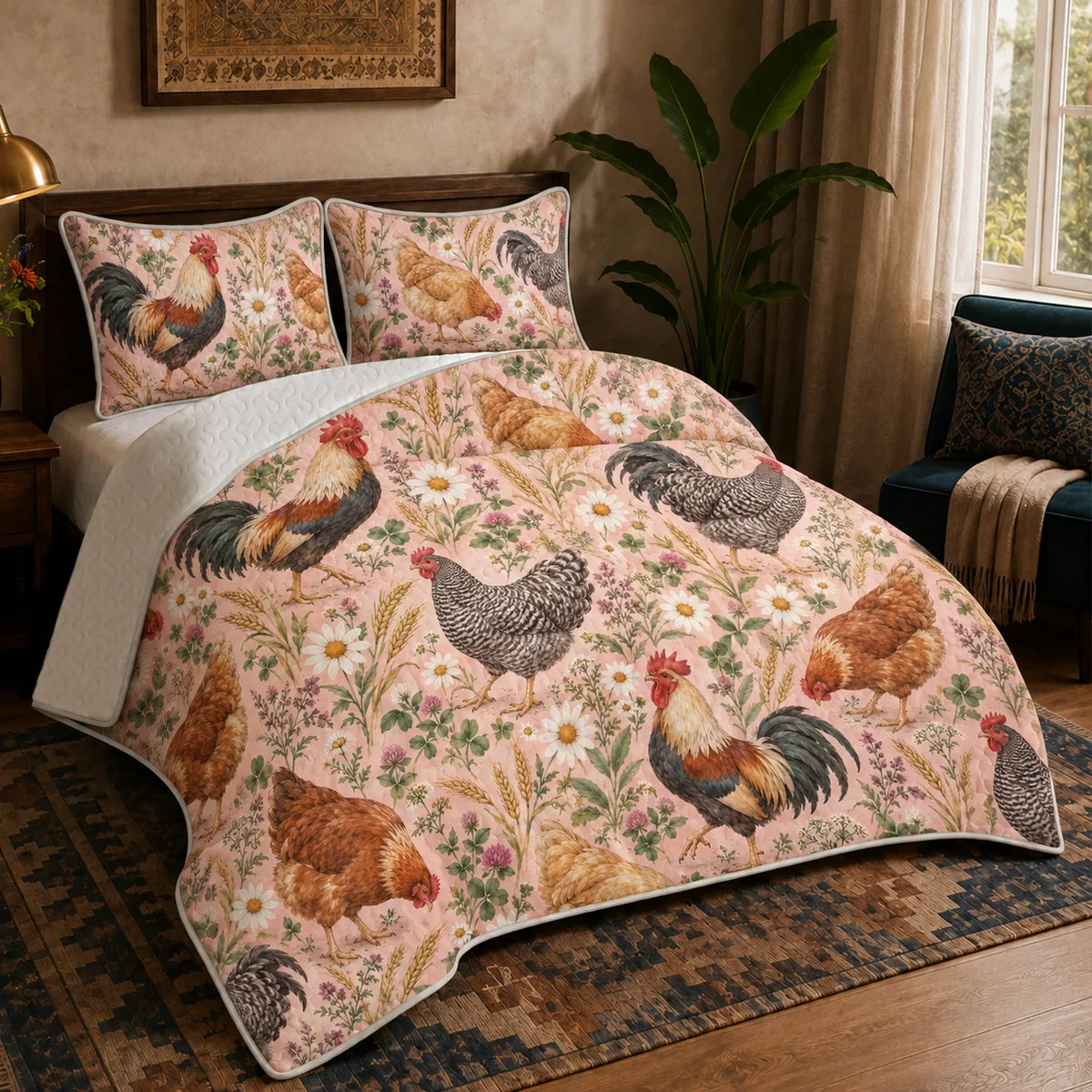 Blush Meadow Chicken quilt set — roosters and hens among daisies, pink clover and wheat on blush pink