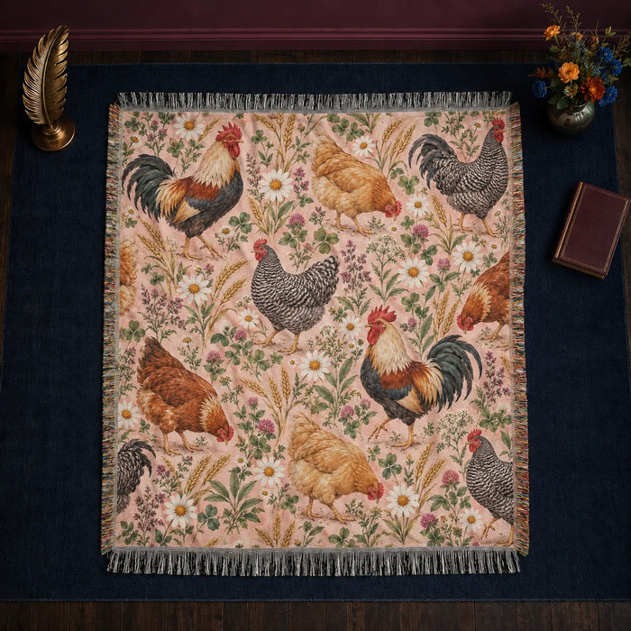 Blush Meadow Chicken woven throw blanket — roosters and hens among daisies, pink clover and wheat on blush pink