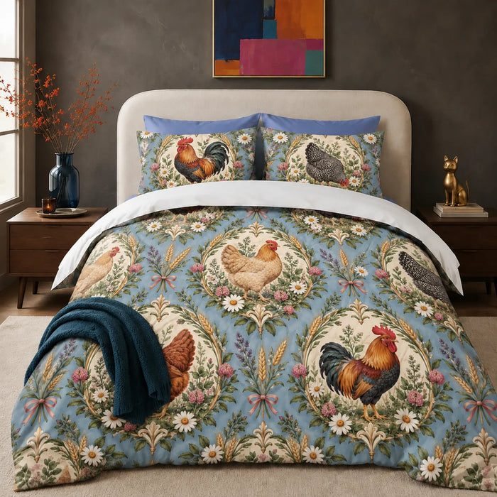 Botanical Medallions Chicken comforter set — roosters and hens in cream medallions with gold wreaths on dusty blue