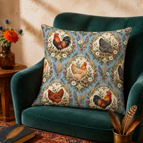 Botanical Medallions Chicken cushion cover set — roosters and hens in cream medallions with gold wreaths on dusty blue