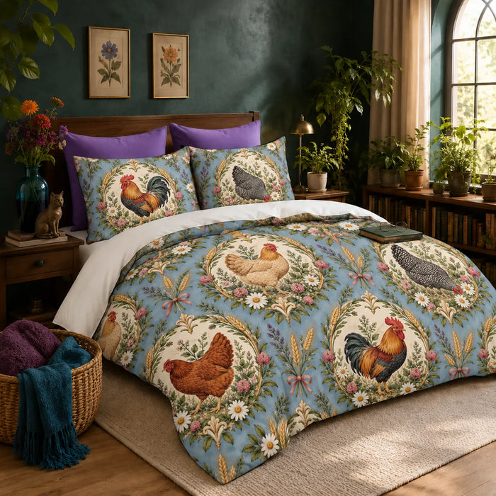 Botanical Medallions Chicken duvet cover set — roosters and hens in cream medallions with gold wreaths on dusty blue