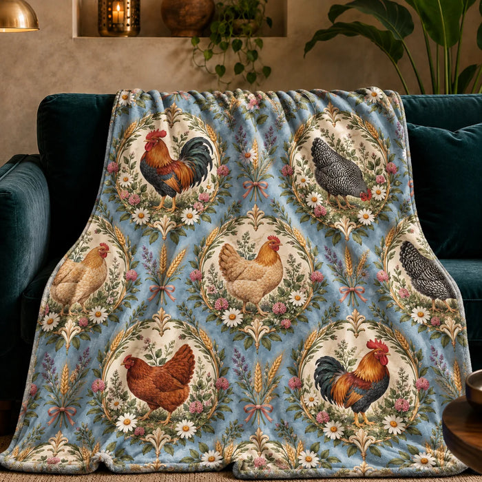Botanical Medallions Chicken fleece throw blanket — roosters and hens in cream medallions with gold wreaths on dusty blue