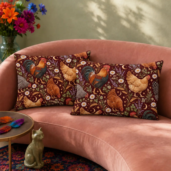 Burgundy Night Chicken pillowcase set — roosters and hens with daisies, lavender, gold moons and stars on burgundy