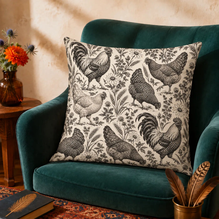 Charcoal Engraving Chicken cushion cover set — charcoal engraved roosters and hens among wildflowers and wheat on cream