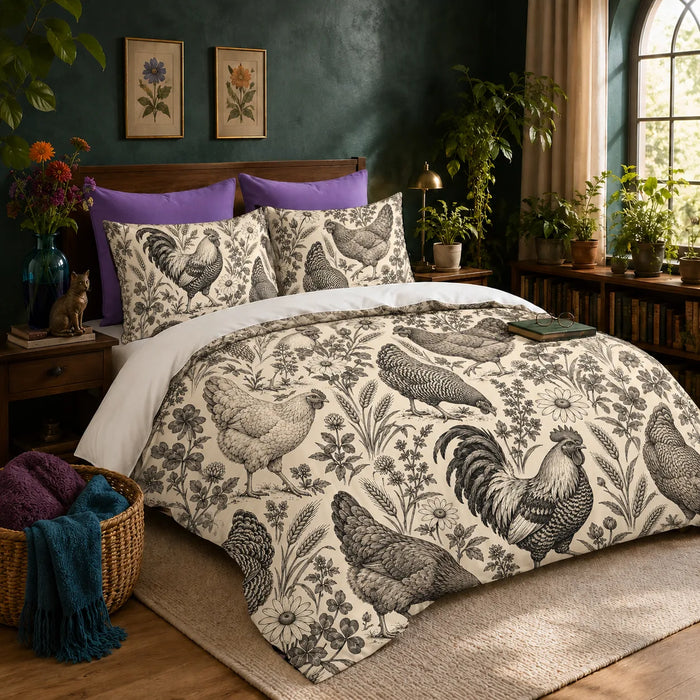 Charcoal Engraving Chicken duvet cover set — charcoal engraved roosters and hens among wildflowers and wheat on cream