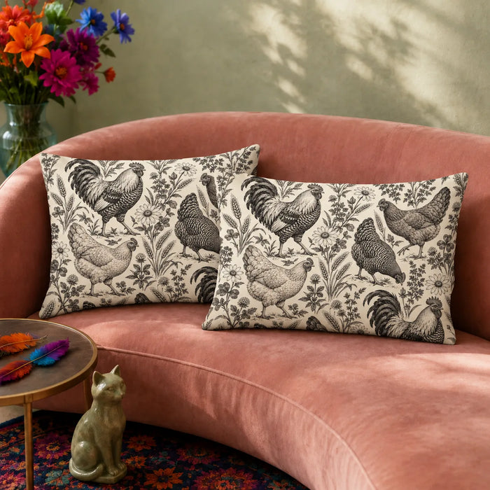 Charcoal Engraving Chicken pillowcase set — charcoal engraved roosters and hens among wildflowers and wheat on cream