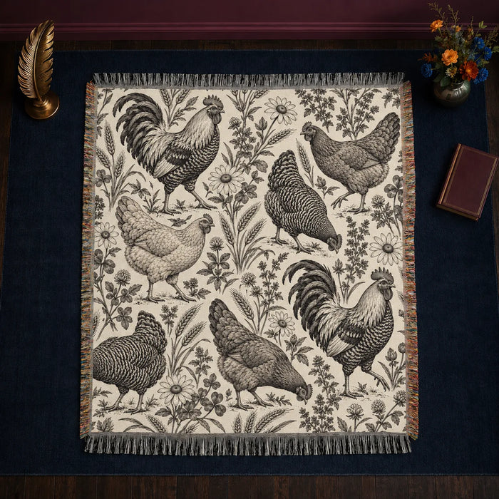 Charcoal Engraving Chicken woven throw blanket — charcoal engraved roosters and hens among wildflowers and wheat on cream