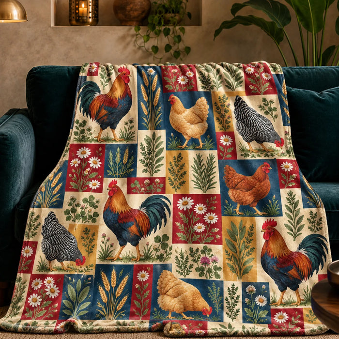 Heirloom Patchwork Chicken fleece throw blanket — patchwork blocks of roosters, hens, daisies and wheat in navy, red, mustard and cream