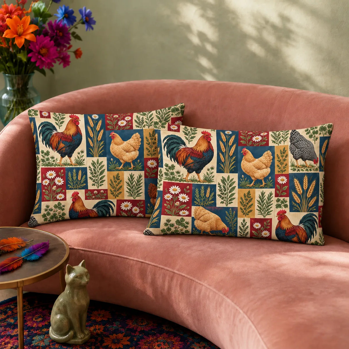 Heirloom Patchwork Chicken pillowcase set — patchwork blocks of roosters, hens, daisies and wheat in navy, red, mustard and cream