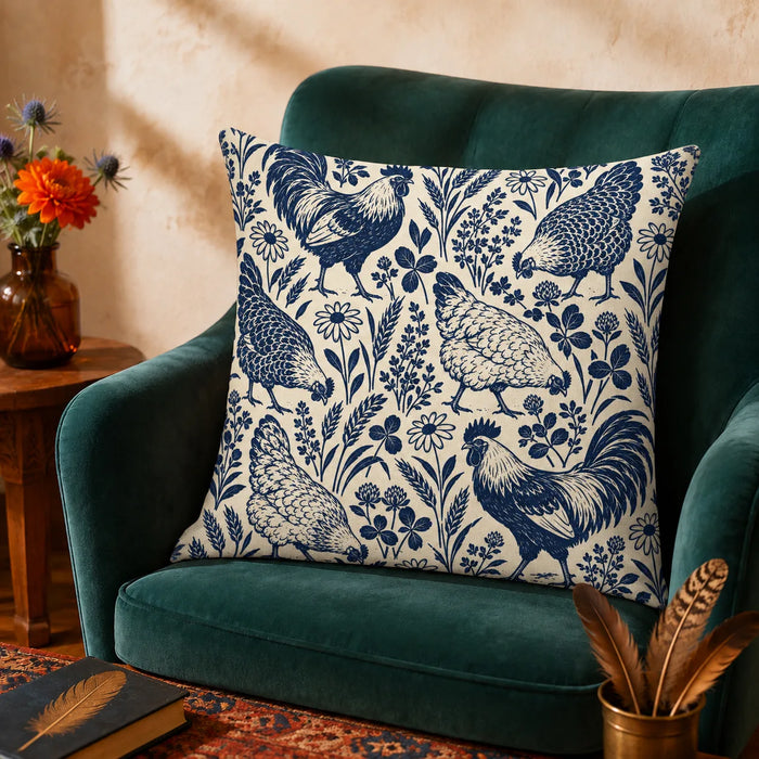 Indigo Block Print Chicken cushion cover set — navy roosters and hens with daisies, clover and wheat on cream