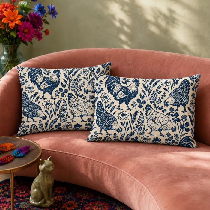 Indigo Block Print Chicken pillowcase set — navy roosters and hens with daisies, clover and wheat on cream