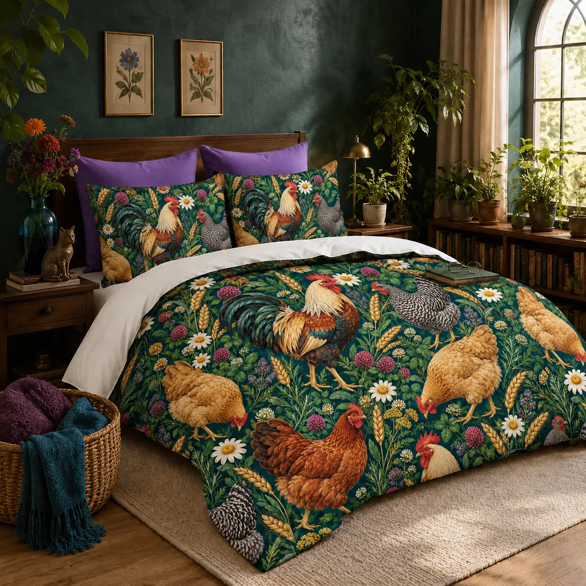 Jewel Botanical Chicken duvet cover set — roosters and hens among daisies, magenta clover and wheat on deep emerald green