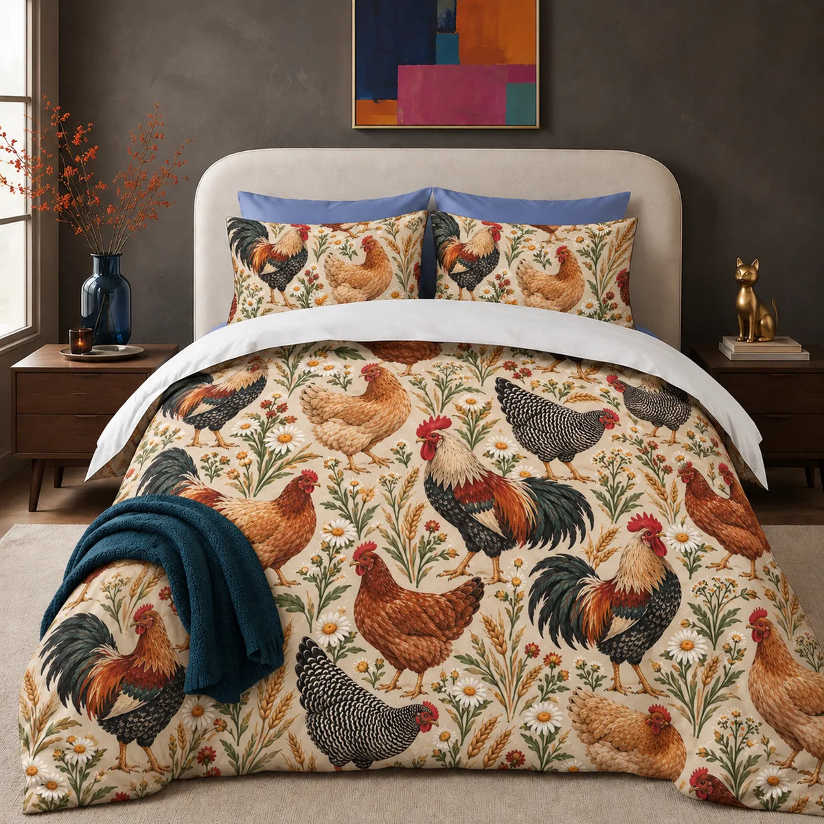 Farmhouse Morning Chicken comforter set — roosters and hens among wheat, daisies and red wildflowers on cream