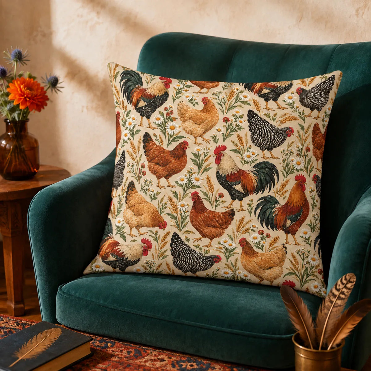 Farmhouse Morning Chicken cushion cover set — roosters and hens among wheat, daisies and red wildflowers on cream