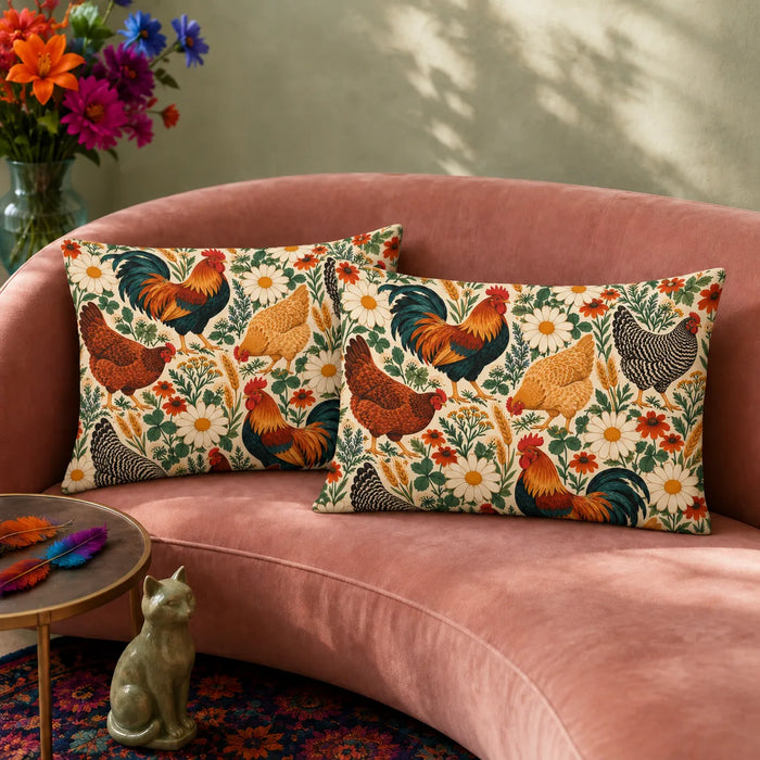 Retro Floral Chicken pillowcase set — roosters and hens with big white daisies and orange blooms on cream