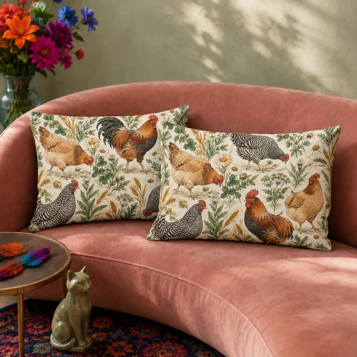 Sage Ink Wash Chicken pillowcase set — watercolor roosters and hens among sage herbs, daisies and wheat on cream