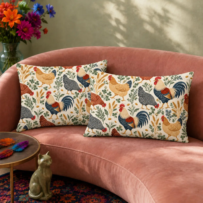 Scandinavian Folk Chicken pillowcase set — folk-style roosters and hens with daisies, clover and wheat on cream