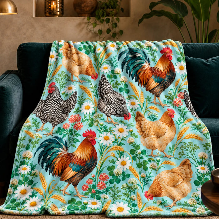 Summer Aqua Chicken fleece throw blanket — roosters and hens with daisies, coral clover and wheat on bright aqua
