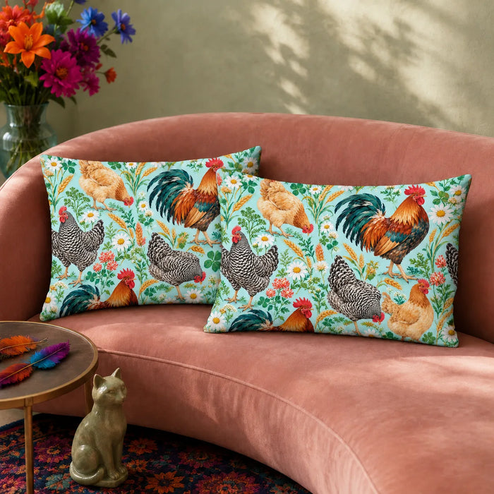 Summer Aqua Chicken pillowcase set — roosters and hens with daisies, coral clover and wheat on bright aqua