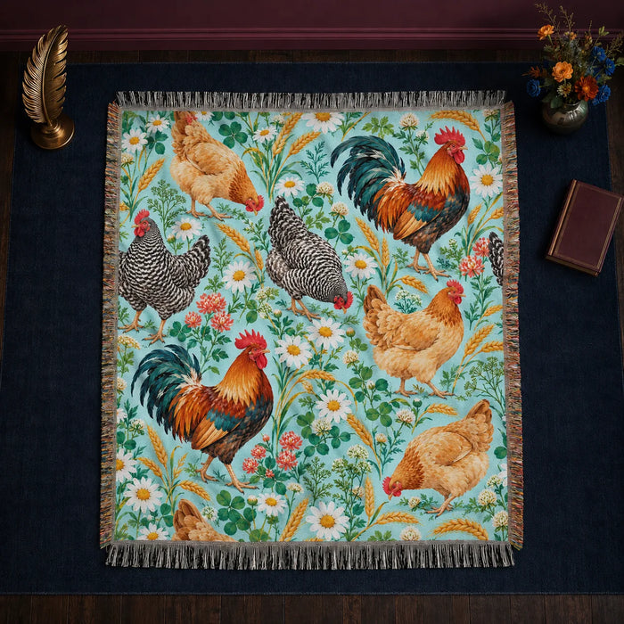 Summer Aqua Chicken woven throw blanket — roosters and hens with daisies, coral clover and wheat on bright aqua