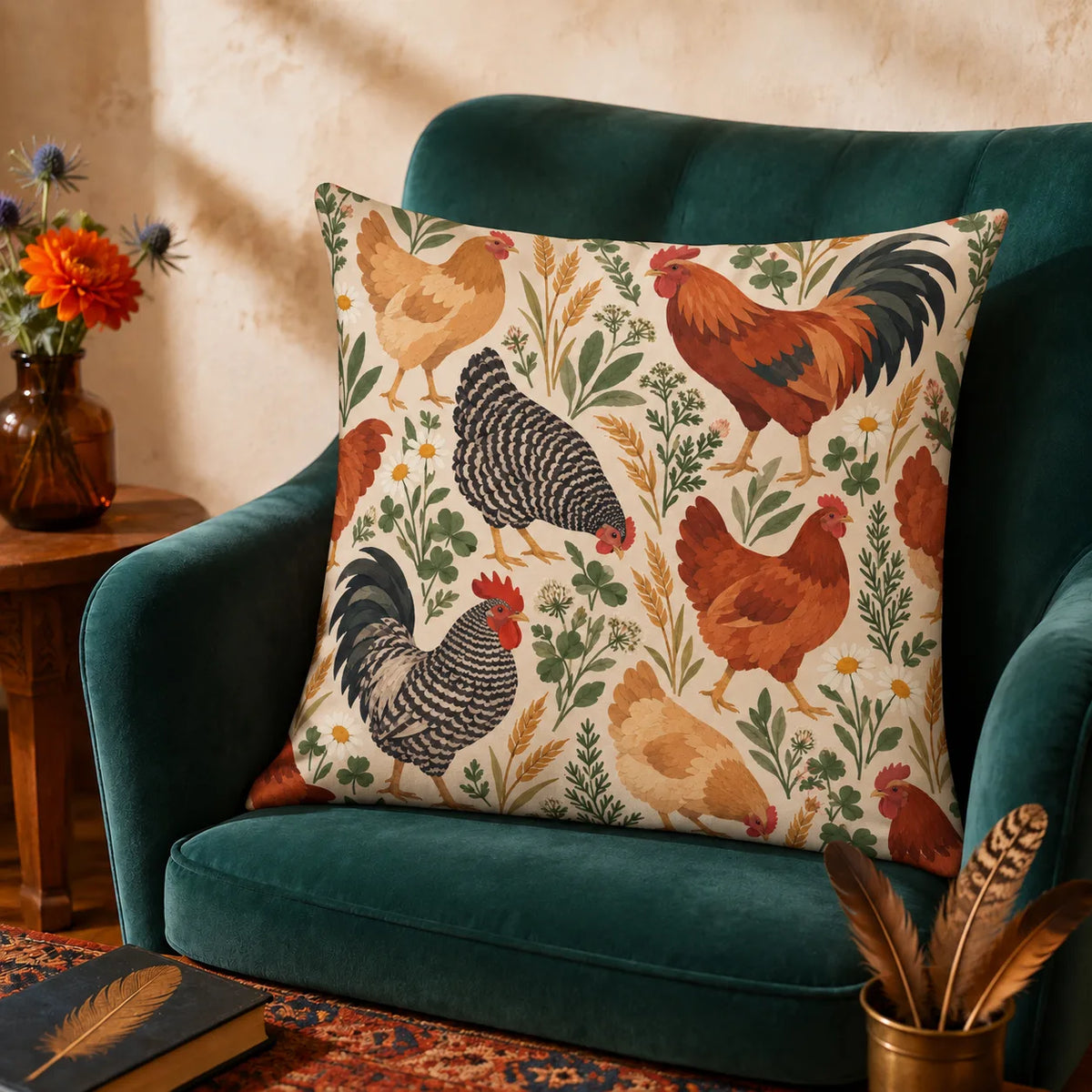 Terracotta Modern Chicken cushion cover set — terracotta, buff and barred chickens with green herbs and wheat on cream