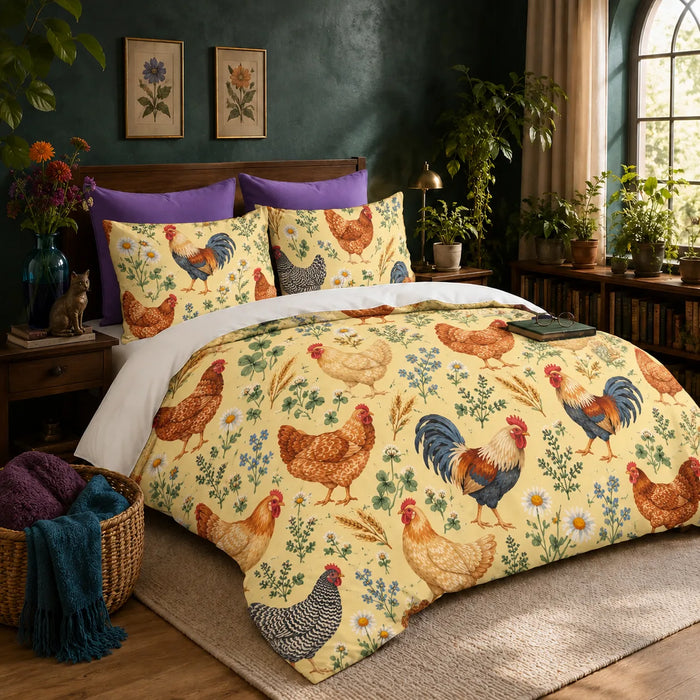 Tiny Ditsy Chicken duvet cover set — small roosters and hens with daisies and blue flowers on butter yellow