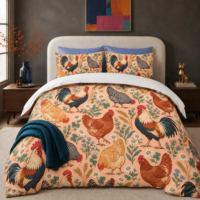 Whimsical Contour Chicken comforter set — outlined storybook roosters and hens with daisies and blue flowers on peach