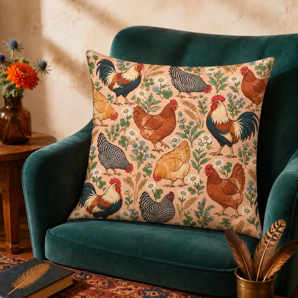 Whimsical Contour Chicken cushion cover set — outlined storybook roosters and hens with daisies and blue flowers on peach