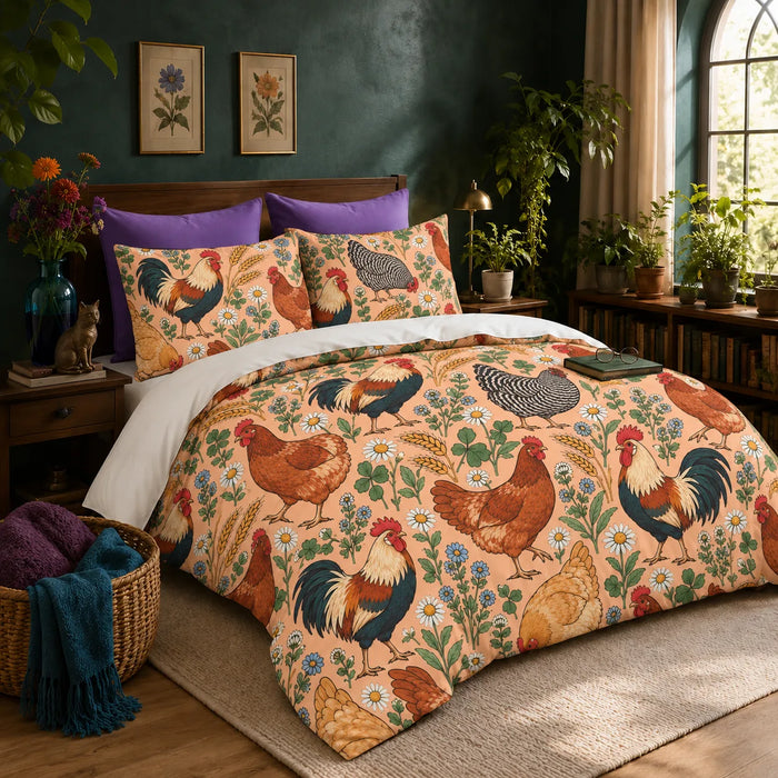 Whimsical Contour Chicken duvet cover set — outlined storybook roosters and hens with daisies and blue flowers on peach