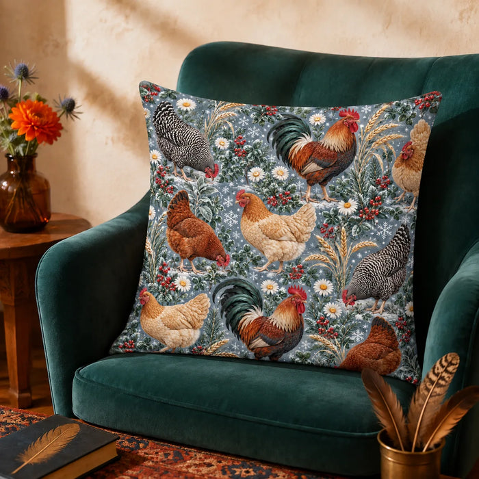 Winter Garden Chicken cushion cover set — roosters and hens with red berries, daisies and snowflakes on slate blue