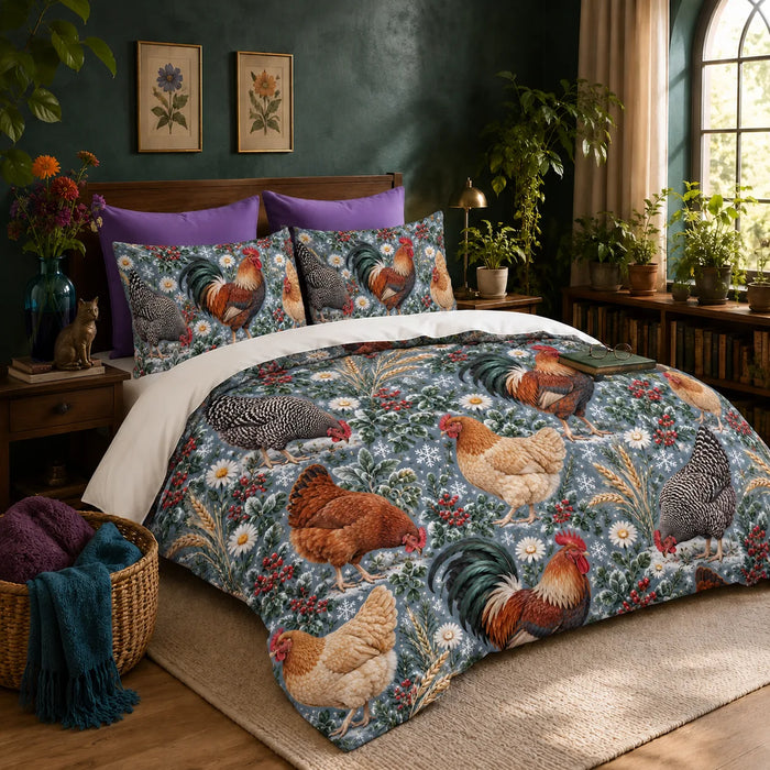 Winter Garden Chicken duvet cover set — roosters and hens with red berries, daisies and snowflakes on slate blue