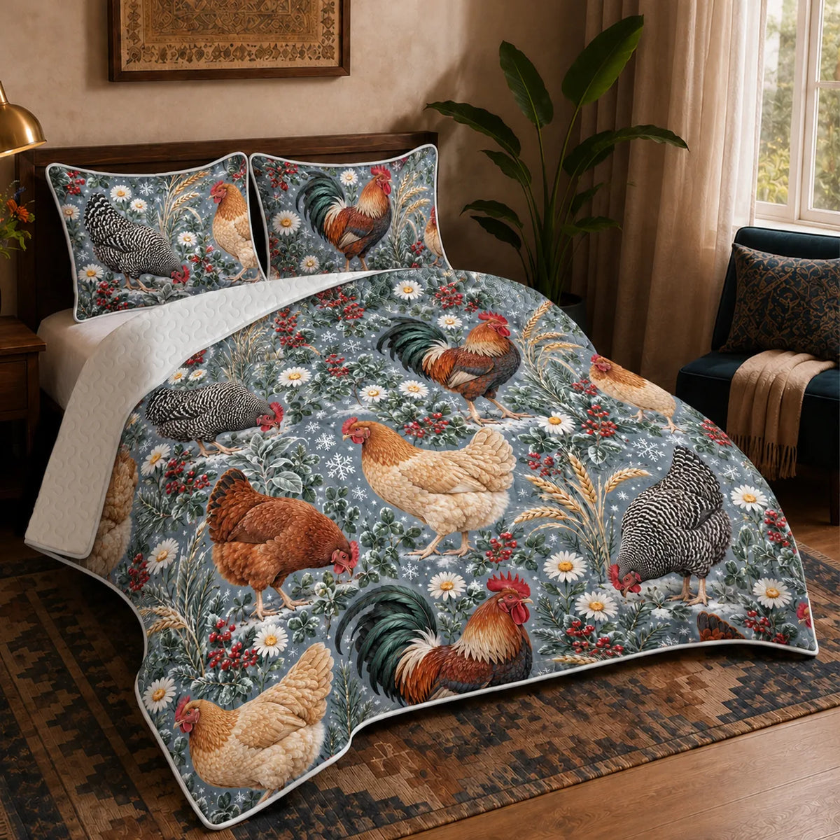 Winter Garden Chicken quilt set — roosters and hens with red berries, daisies and snowflakes on slate blue