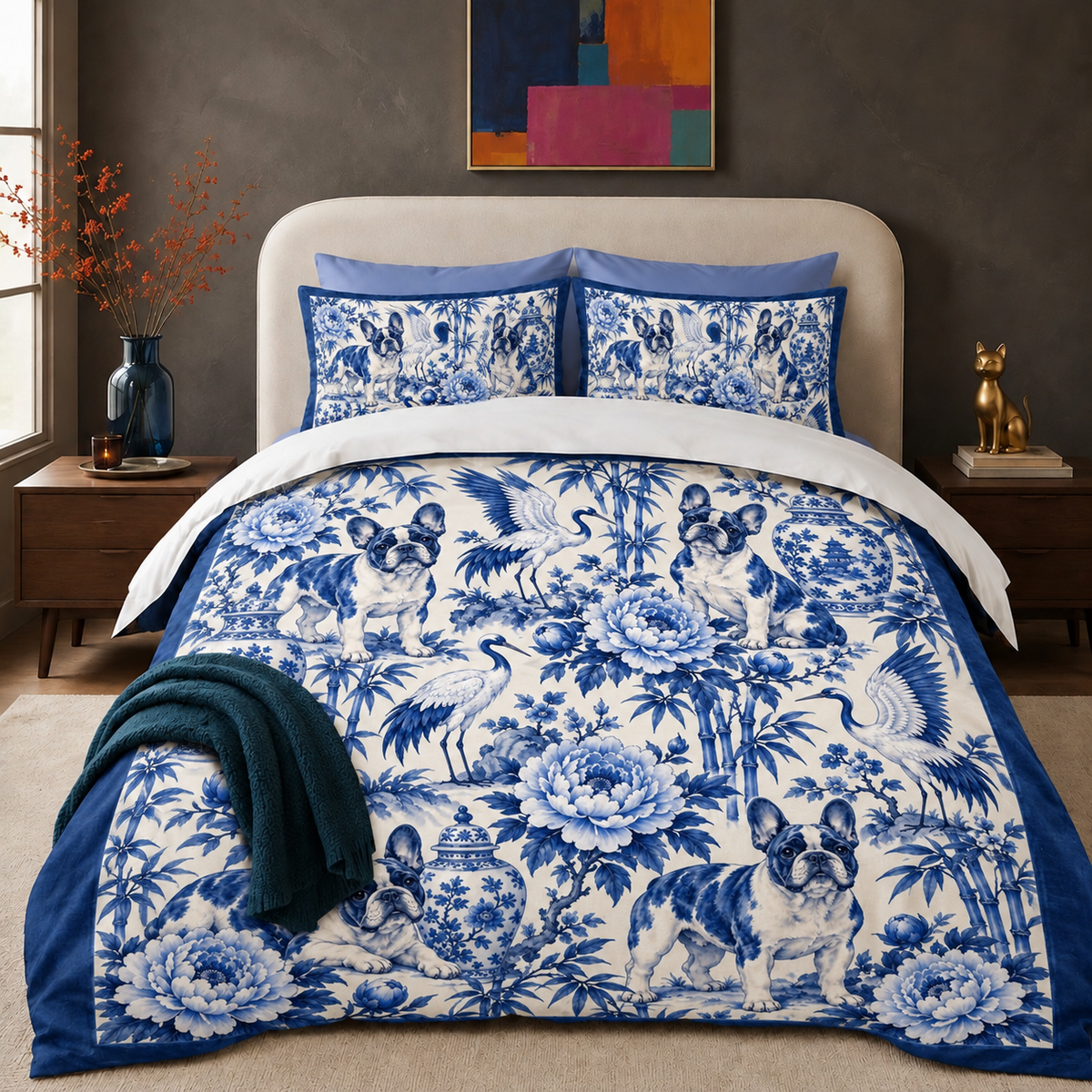 Chinoiserie French Bulldog Comforter Set - cobalt blue Frenchies, peonies, cranes and ginger jars on cream with two matching shams