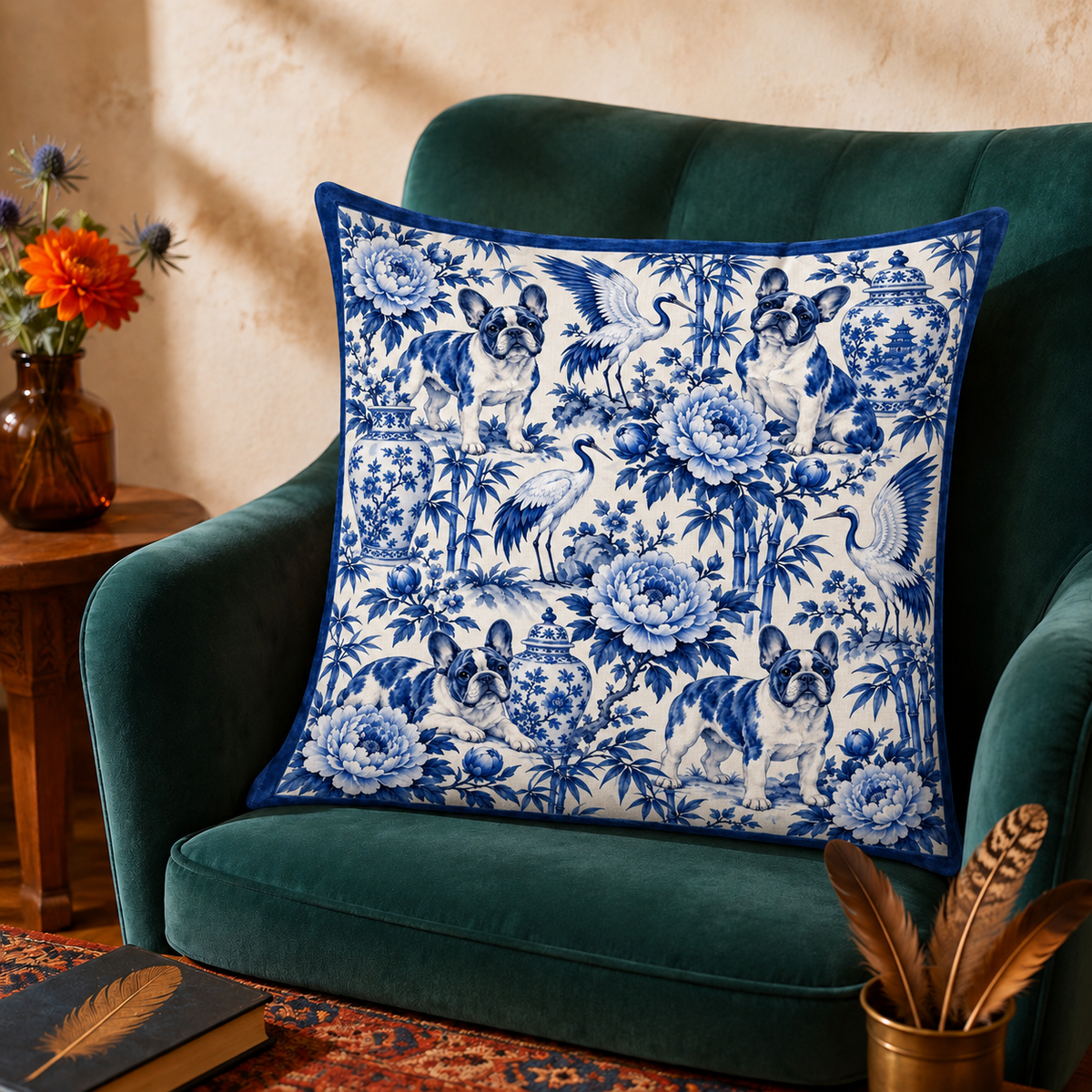 Chinoiserie French Bulldog Cushion Cover Set - cobalt blue Frenchies, peonies, cranes and ginger jars on cream