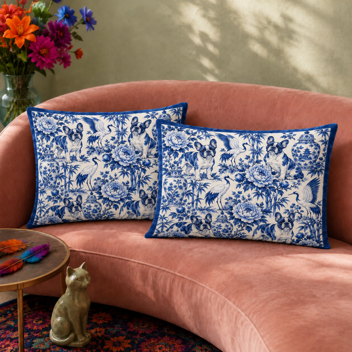Chinoiserie French Bulldog Pillowcase Set - two cobalt blue pillowcases with Frenchies, peonies, cranes and ginger jars on cream