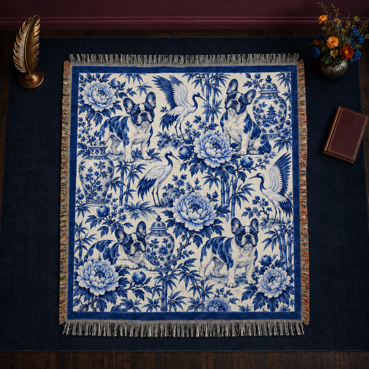 Chinoiserie French Bulldog Woven Throw Blanket - cobalt blue Frenchies, peonies and cranes woven into cream with knotted fringe