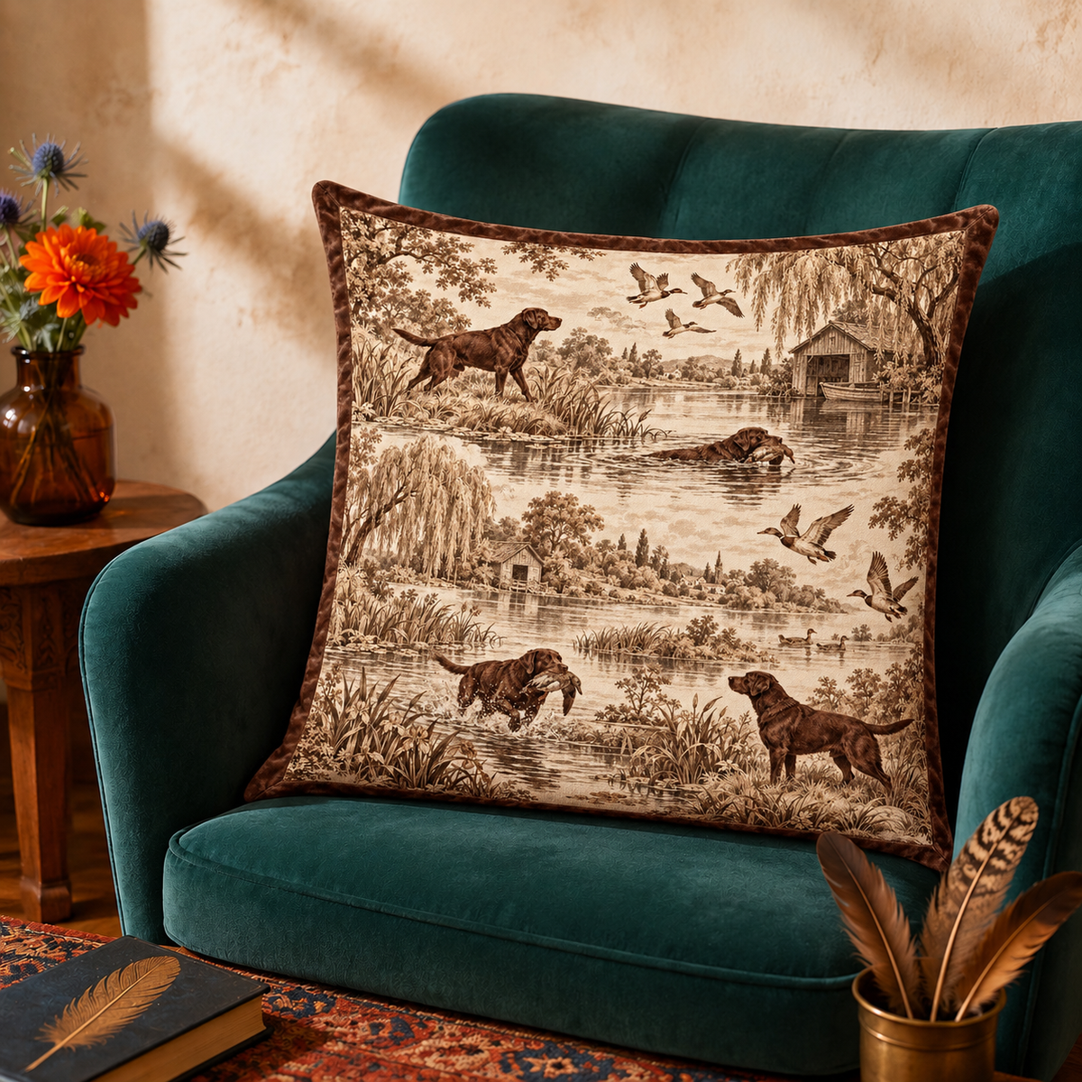 Pair of Chocolate Labrador Toile cushion covers in chocolate-brown toile on a cream ground