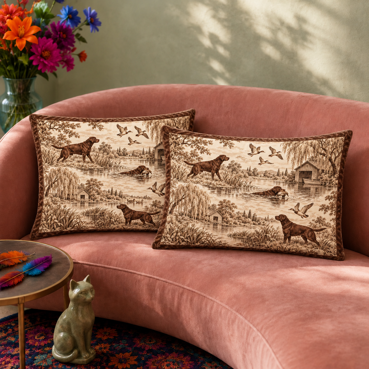 Pair of Chocolate Labrador Toile pillowcases in chocolate-brown toile on a cream ground