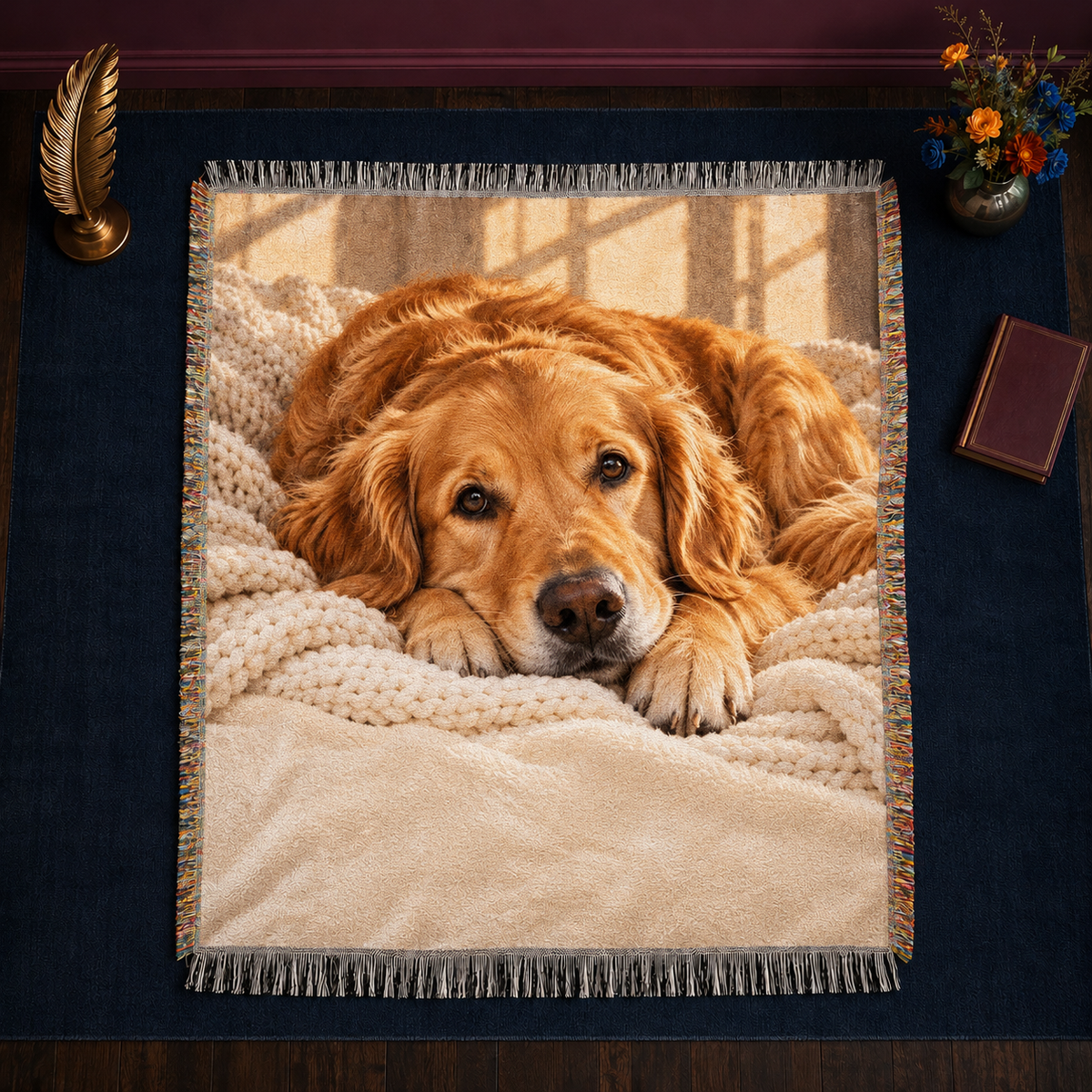 Cozy Golden Retriever Portrait woven throw blanket