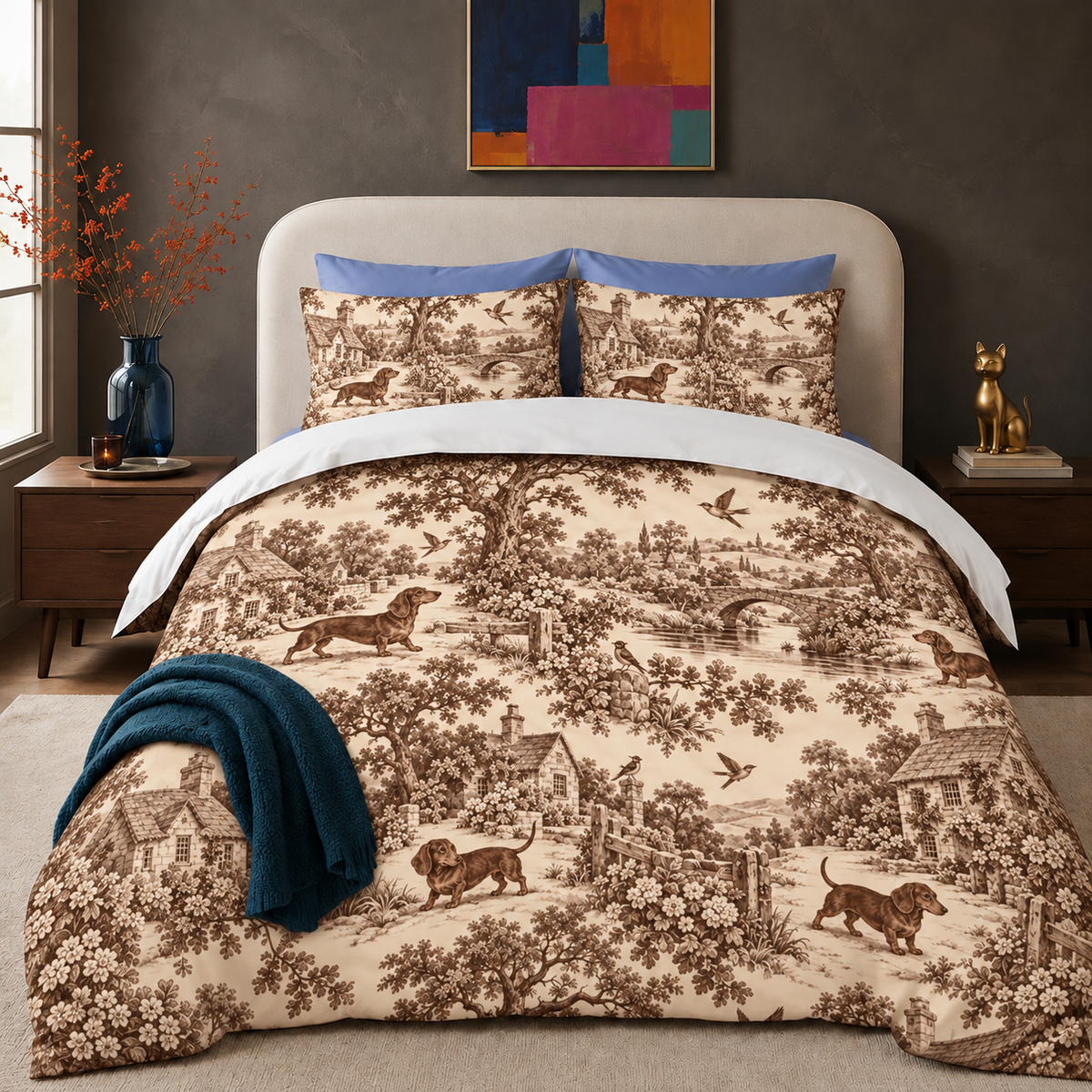 Dachshund Toile de Jouy comforter set — brown-on-cream toile print of smooth-coat dachshunds in an English pastoral scene