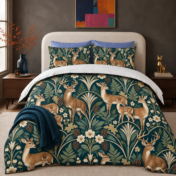 Art Deco Deer comforter set — tan deer families beneath cream fan motifs and arches with ferns and flowers on deep teal