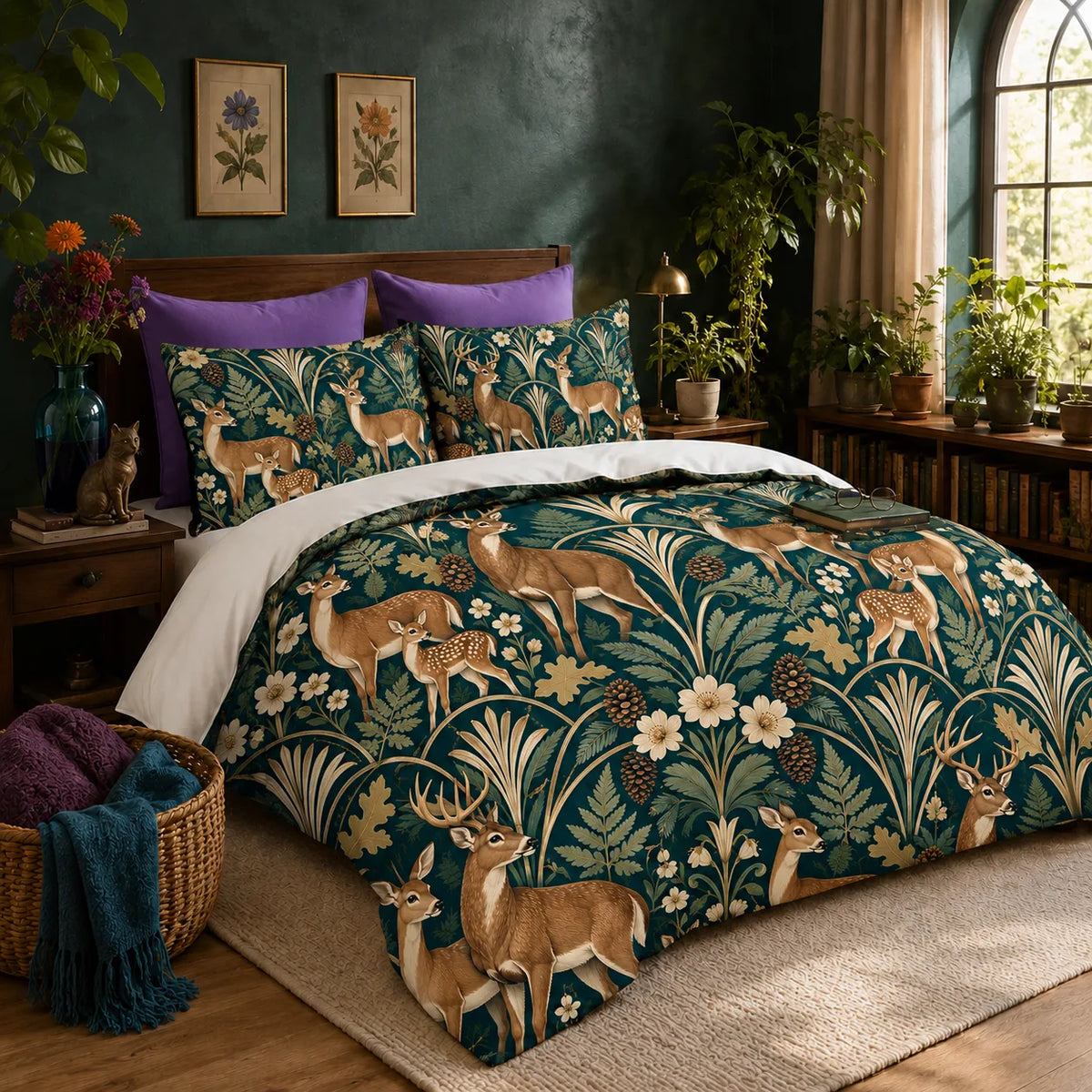 Art Deco Deer duvet cover set — tan deer families beneath cream fan motifs and arches with ferns and flowers on deep teal