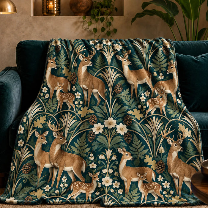 Art Deco Deer fleece throw blanket — tan deer families beneath cream fan motifs and arches with ferns and flowers on deep teal