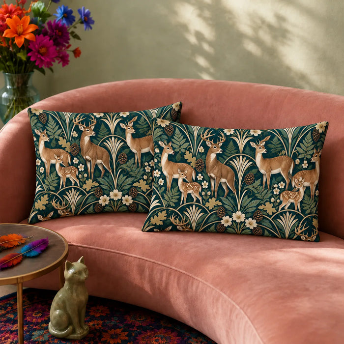 Art Deco Deer pillowcase set — tan deer families beneath cream fan motifs and arches with ferns and flowers on deep teal