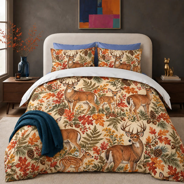 Autumn Copper Deer comforter set — deer and fawns among rust maple leaves, goldenrod, ferns and pinecones on cream
