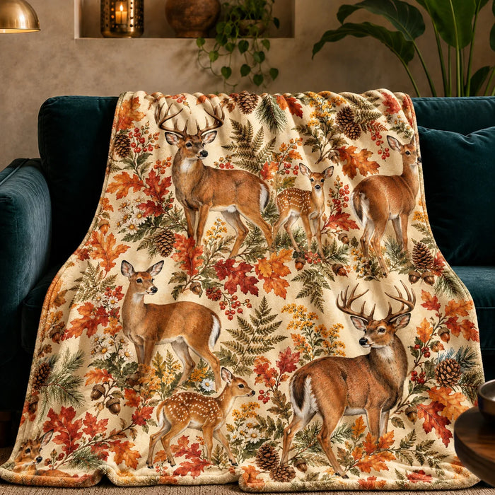 Autumn Copper Deer fleece throw blanket — deer and fawns among rust maple leaves, goldenrod, ferns and pinecones on cream