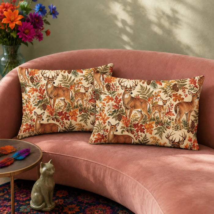 Autumn Copper Deer pillowcase set — deer and fawns among rust maple leaves, goldenrod, ferns and pinecones on cream