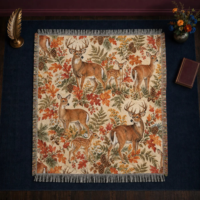 Autumn Copper Deer woven throw blanket — deer and fawns among rust maple leaves, goldenrod, ferns and pinecones on cream