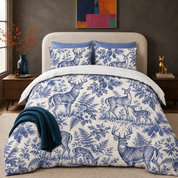 Blue Toile Deer comforter set — cobalt blue toile deer and grazing fawns among ferns and pine boughs on cream