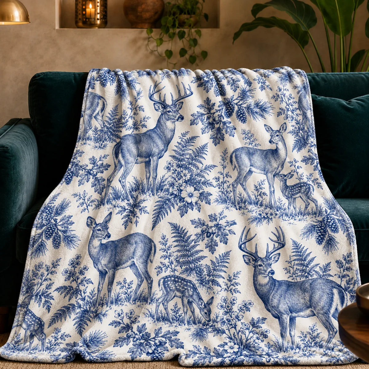 Blue Toile Deer fleece throw blanket — cobalt blue toile deer and grazing fawns among ferns and pine boughs on cream